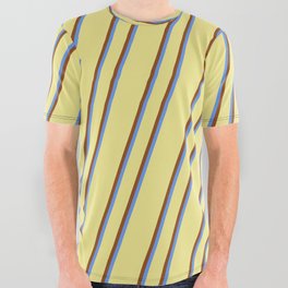 [ Thumbnail: Tan, Brown, and Cornflower Blue Colored Striped/Lined Pattern All Over Graphic Tee ]