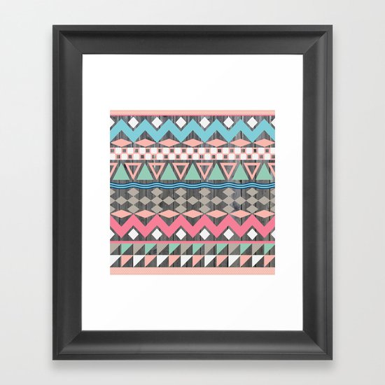 Vintage Wood Aztec, Andes Teal & Pink Abstract Pattern Framed Art Print