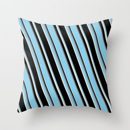 [ Thumbnail: Sky Blue, Beige, Black, and Grey Colored Stripes Pattern Throw Pillow ]