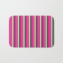 [ Thumbnail: Beige, Dark Slate Gray, and Deep Pink Colored Stripes/Lines Pattern Bath Mat ]