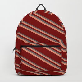 [ Thumbnail: Dim Gray, Dark Salmon, and Maroon Colored Striped Pattern Backpack ]