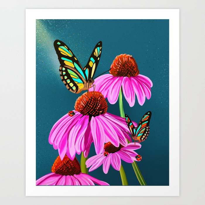Butterfly Queen and Coneflowers Art Print