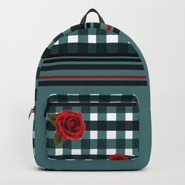 Gingham+Rose II Backpack | Blue, Gingham, Geometric, Grid, Pattern, Red, Checker, Roses, Squares, Flowers 