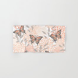 Floral and Butterflies Print, Gray, Coral, Peach Hand & Bath Towel