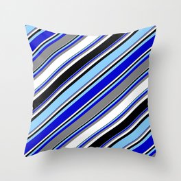 [ Thumbnail: Light Sky Blue, Blue, Gray, White, and Black Colored Striped Pattern Throw Pillow ]
