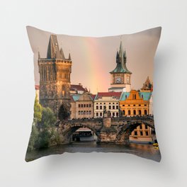 Sunset Rainbow over the Charles Bridge in Prague Throw Pillow