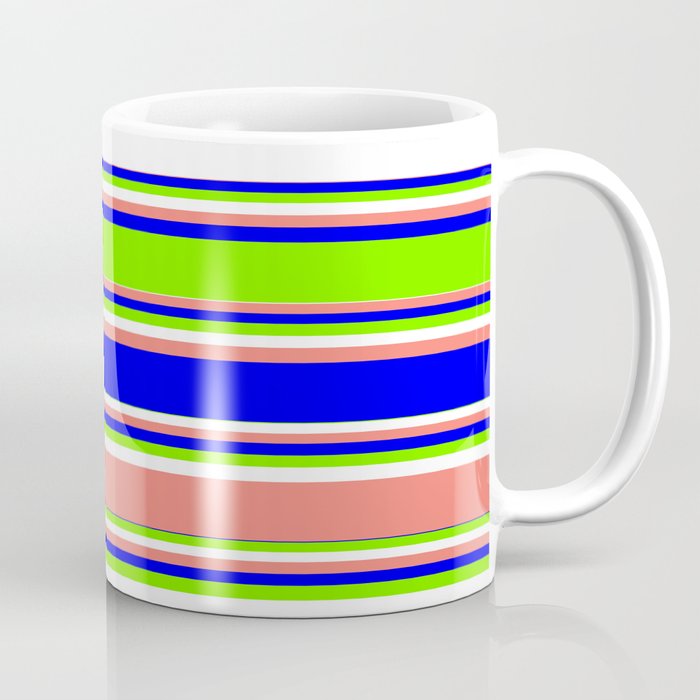 Blue, Green, White, and Salmon Colored Lined Pattern Coffee Mug