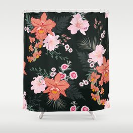 Beautiful hand drawn tropical forest floral, seamless pattern with orchid flowers and botanical plants in vintage. Illustration design Shower Curtain