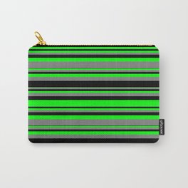 [ Thumbnail: Lime, Gray, and Black Colored Striped/Lined Pattern Carry-All Pouch ]