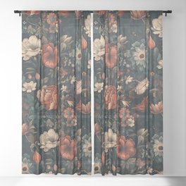 Vintage Aesthetic Beautiful Flowers, Nature Art, Dark Cottagecore Plant Collage - Flower Sheer Curtain