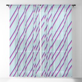 [ Thumbnail: Powder Blue, Dark Blue, and Deep Pink Colored Stripes/Lines Pattern Sheer Curtain ]
