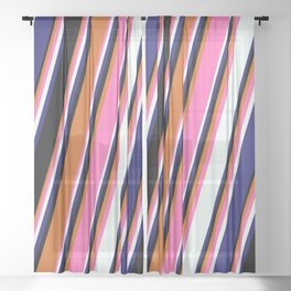[ Thumbnail: Chocolate, Hot Pink, Mint Cream, Midnight Blue & Black Colored Lines/Stripes Pattern Sheer Curtain ]