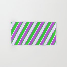 [ Thumbnail: Lavender, Orchid, and Lime Green Colored Lined/Striped Pattern Hand & Bath Towel ]