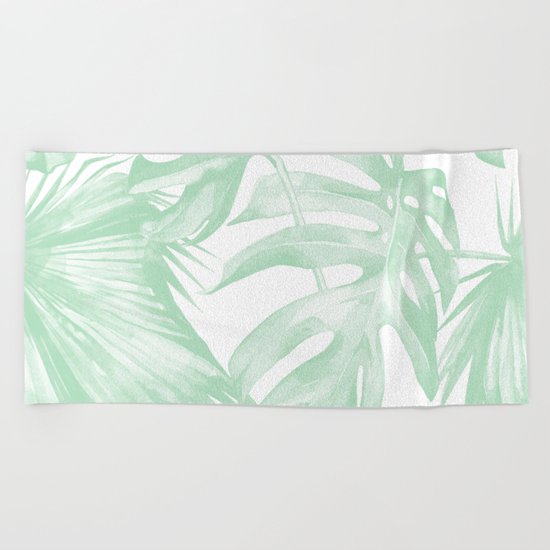 Light Green Tropical Palm Leaves Print Beach Towel