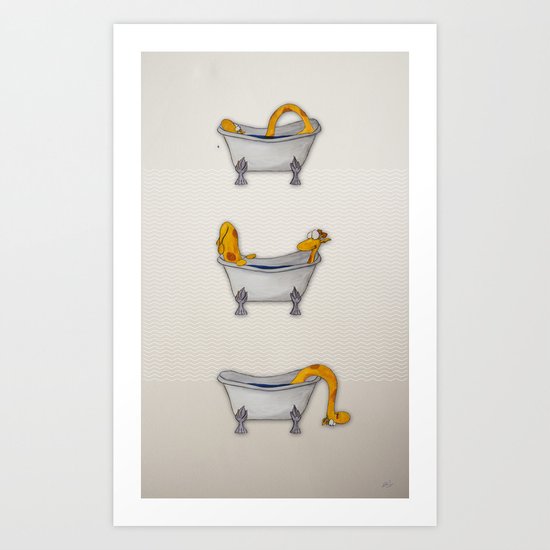 giraffe takes a bath Art Print