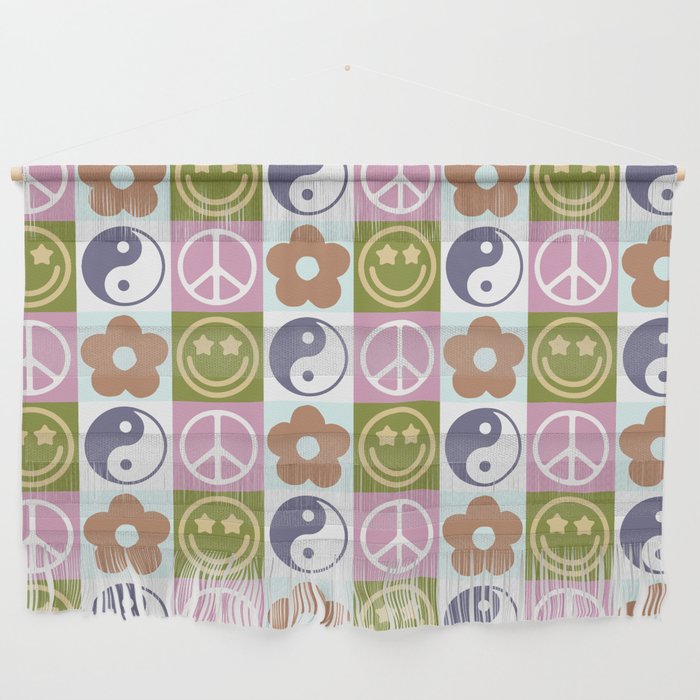 Cute Checked Symbols Pattern (SMILEY FACE \ YIN YANG \ PEACE SYMBOL \ FLOWER) Wall Hanging