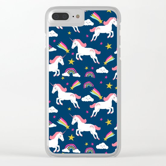 Unicorns happy clouds rainbows magical pony pattern navy pastels Clear iPhone Case
