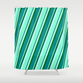 [ Thumbnail: Dark Green, Dark Cyan, Light Cyan, and Aquamarine Colored Lined Pattern Shower Curtain ]