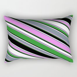 [ Thumbnail: Vibrant Slate Gray, Violet, Forest Green, Black, and White Colored Stripes Pattern Rectangular Pillow ]