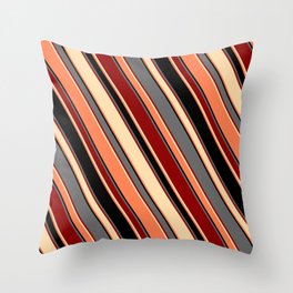 [ Thumbnail: Eye-catching Dim Grey, Dark Red, Tan, Coral, and Black Colored Striped Pattern Throw Pillow ]