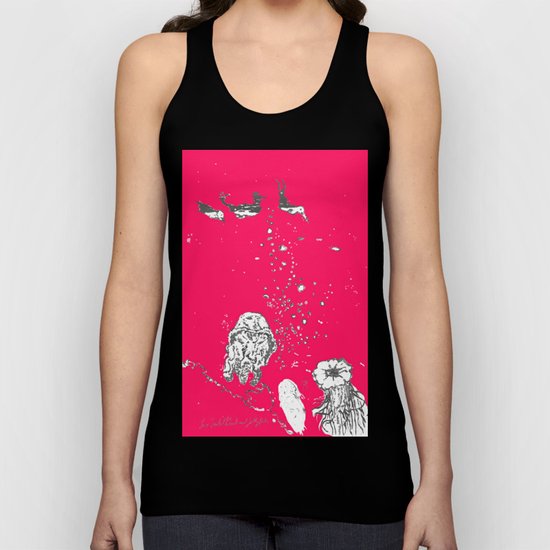 Two Tailed Duck and Jellyfish Bright Red Pink Unisex Tank Top