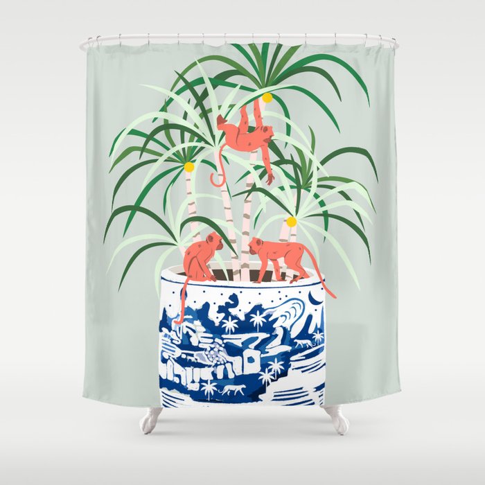 Tropical Bonsai, Palm Jungle Botanical Pink Monkeys, Moroccan Eclectic  Animals Bohemian Plants Pot Shower Curtain by 83 Oranges Modern Bohemian  Prints | Society6