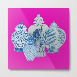 Hot Pink Blue and White Ginger Jars  Metal Print | Ming, Oriental, Gingerjars, Palmsprings, Bluewillow, Classic, Chinoise, Pink, Blueandwhite, Miami 