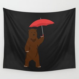 Bear Holding an Umbrella - Simplistic Design Wall Tapestry