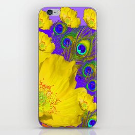 YELLOW POPPY FLOWERS PEACOCK FEATHERS LILAC ART iPhone Skin