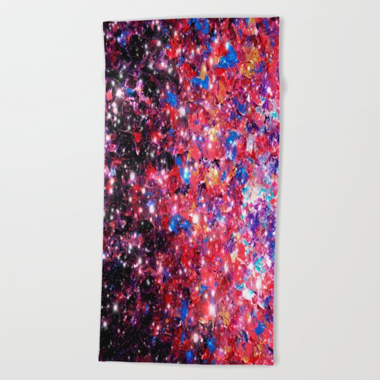 WRAPPED IN STARLIGHT Bold Colorful Abstract Acrylic Painting Galaxy Stars Pink Red Purple Ombre Sky Beach Towel