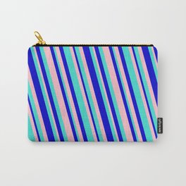 [ Thumbnail: Turquoise, Blue, and Pink Colored Lined/Striped Pattern Carry-All Pouch ]