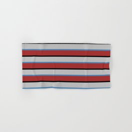 [ Thumbnail: Blue, Brown, Black & Grey Colored Striped Pattern Hand & Bath Towel ]