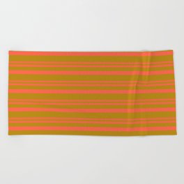 [ Thumbnail: Red and Dark Goldenrod Colored Lined/Striped Pattern Beach Towel ]