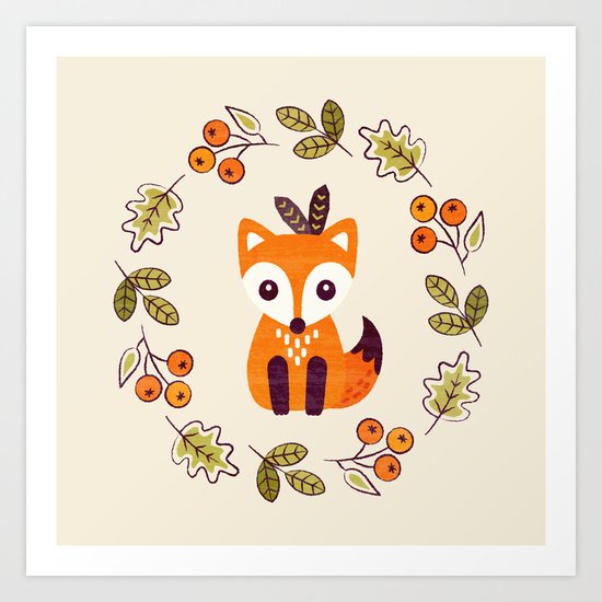 LITTLE FOX WITH AUTUMN BERRIES Art Print