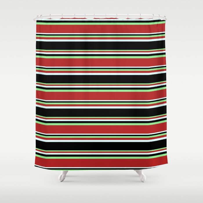 Light Green, Red, Light Cyan, and Black Colored Striped/Lined Pattern Shower Curtain