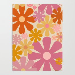 Retro 60s 70s Flowers Thulian Pink Orange Cream Pattern Poster