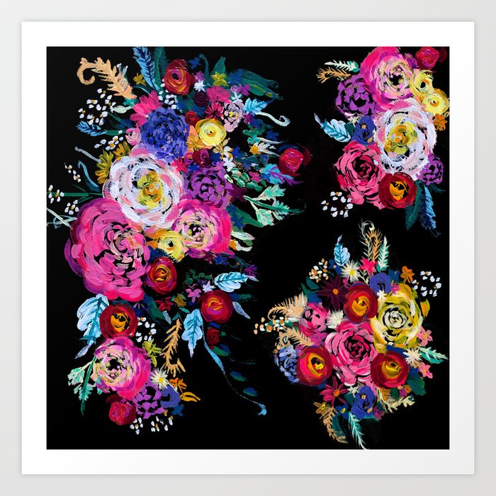 Colorful Floral Painting On Black Canvas Art Print By