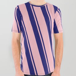 [ Thumbnail: Midnight Blue and Pink Colored Lined/Striped Pattern All Over Graphic Tee ]