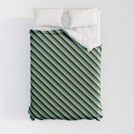 [ Thumbnail: Green, Light Sky Blue, and Black Colored Pattern of Stripes Duvet Cover ]