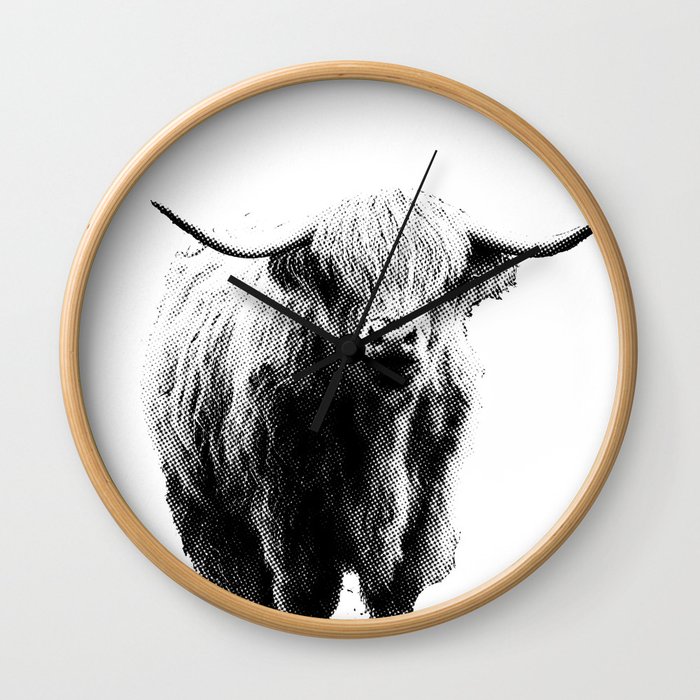 Newspaper Print Style Highland Cow. Scotland, Bull, Horns. Wall Clock
