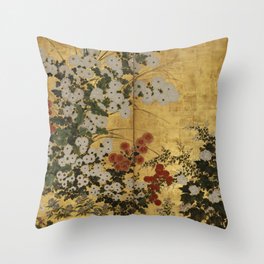 White Red Chrysanthemums Floral Japanese Gold Screen Throw Pillow