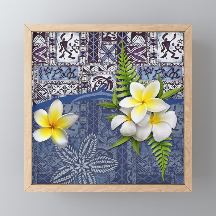 Blue Hawaiian Tapa and Plumeria Framed Mini Art Print