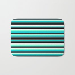 [ Thumbnail: Eyecatching Aquamarine, Dark Turquoise, Dark Slate Gray, Black, and White Colored Stripes Pattern Bath Mat ]