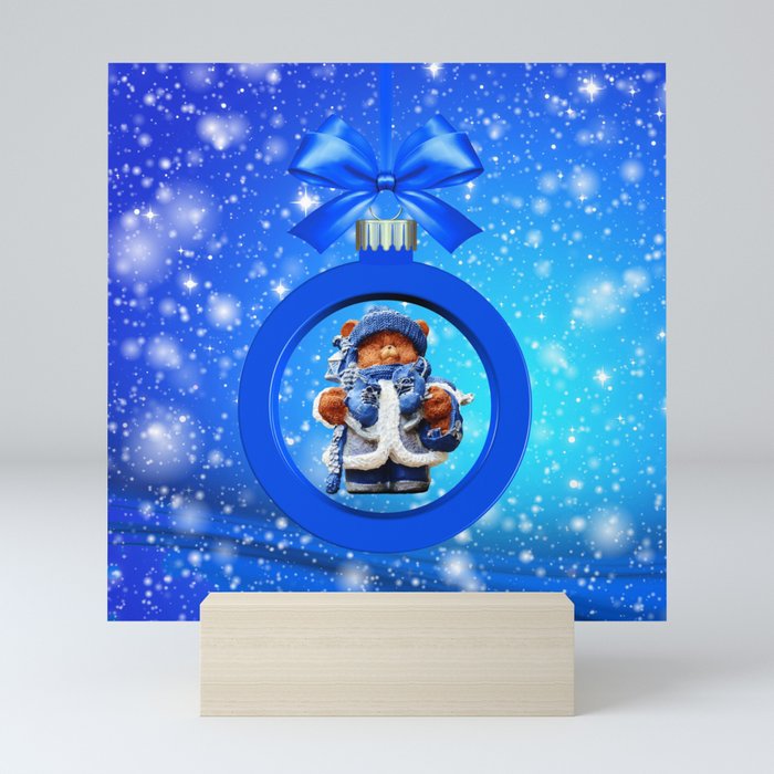 Blue Christmas Teddy Bear Mini Art Print