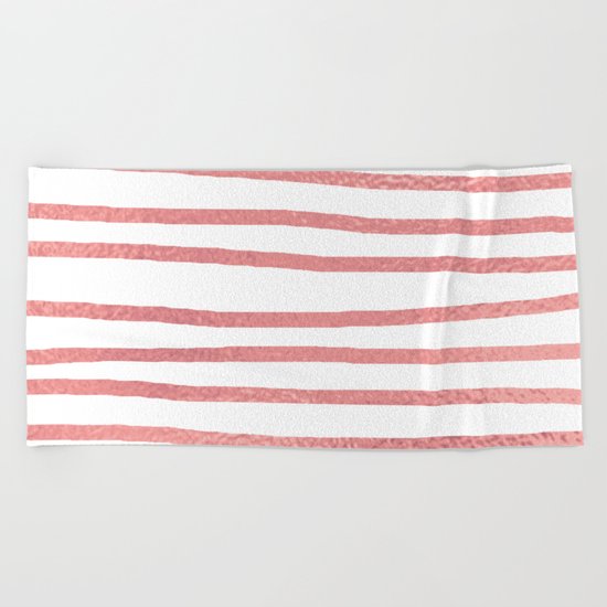 Simply Drawn Stripes Warm Rose Gold on White Beach Towel