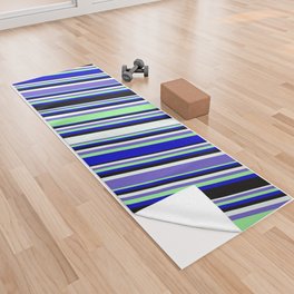 [ Thumbnail: Mint Cream, Slate Blue, Green, Blue, and Black Colored Pattern of Stripes Yoga Towel ]