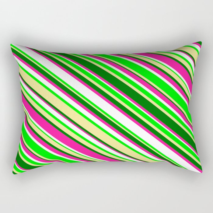 Eye-catching Deep Pink, White, Lime, Tan & Dark Green Colored Lined/Striped Pattern Rectangular Pillow