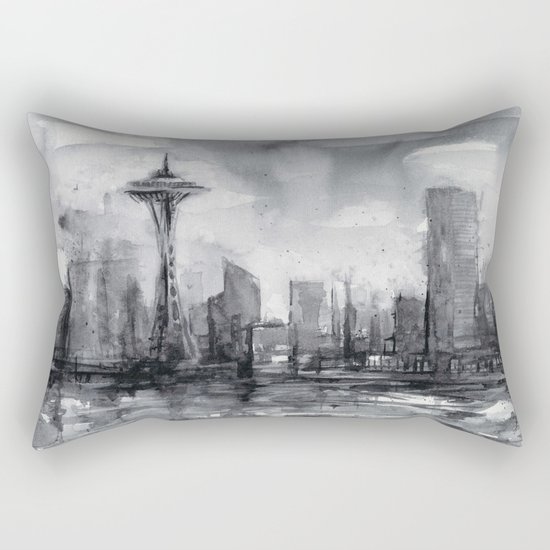 Seattle Skyline Painting Watercolor Black and White Space Needle Rectangular Pillow