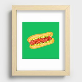 Hot dog with flowers, hearts and pattern in green background Recessed Framed Print