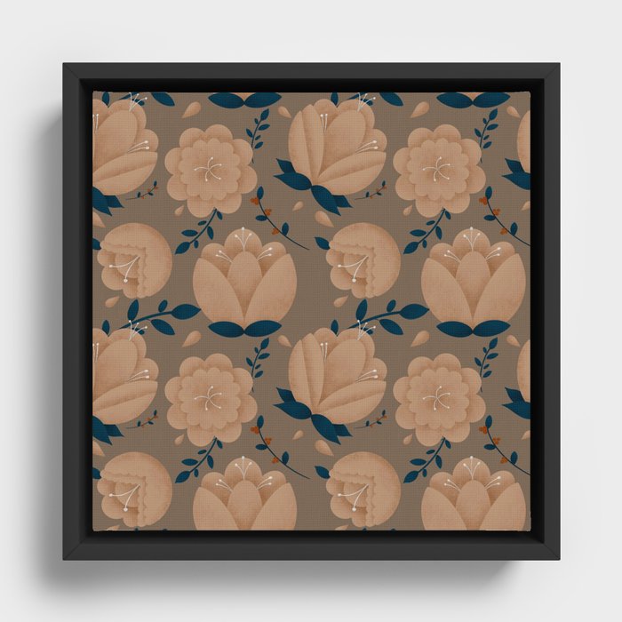 Gold and Navy Romantic Flower Pattern Framed Canvas